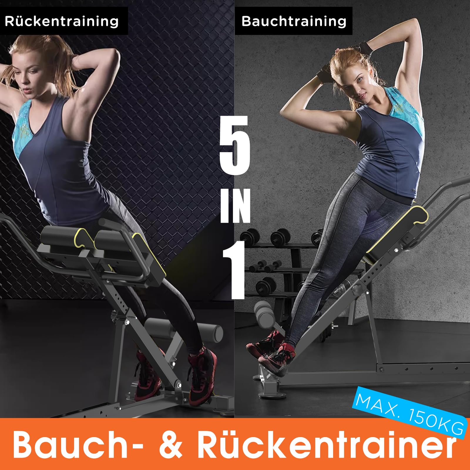 DH FitLife Rückenstrecker, 5-in-1 Hyperextension Rückentrainer bis 150 kg | Klappbar & verstaubar｜Bauchmuskeltrainer & Bauchtrainer｜Bizeps-Curls｜Dip-Training｜Roman Chair｜Verstellbare Hantelbank