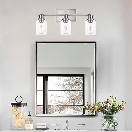 Miniatura 9 de MELUCEE Lámpara de tocador de baño de 3 luces de níquel cepillado para techo, lámparas de pared con cabezal giratorio para pasillo, porche,