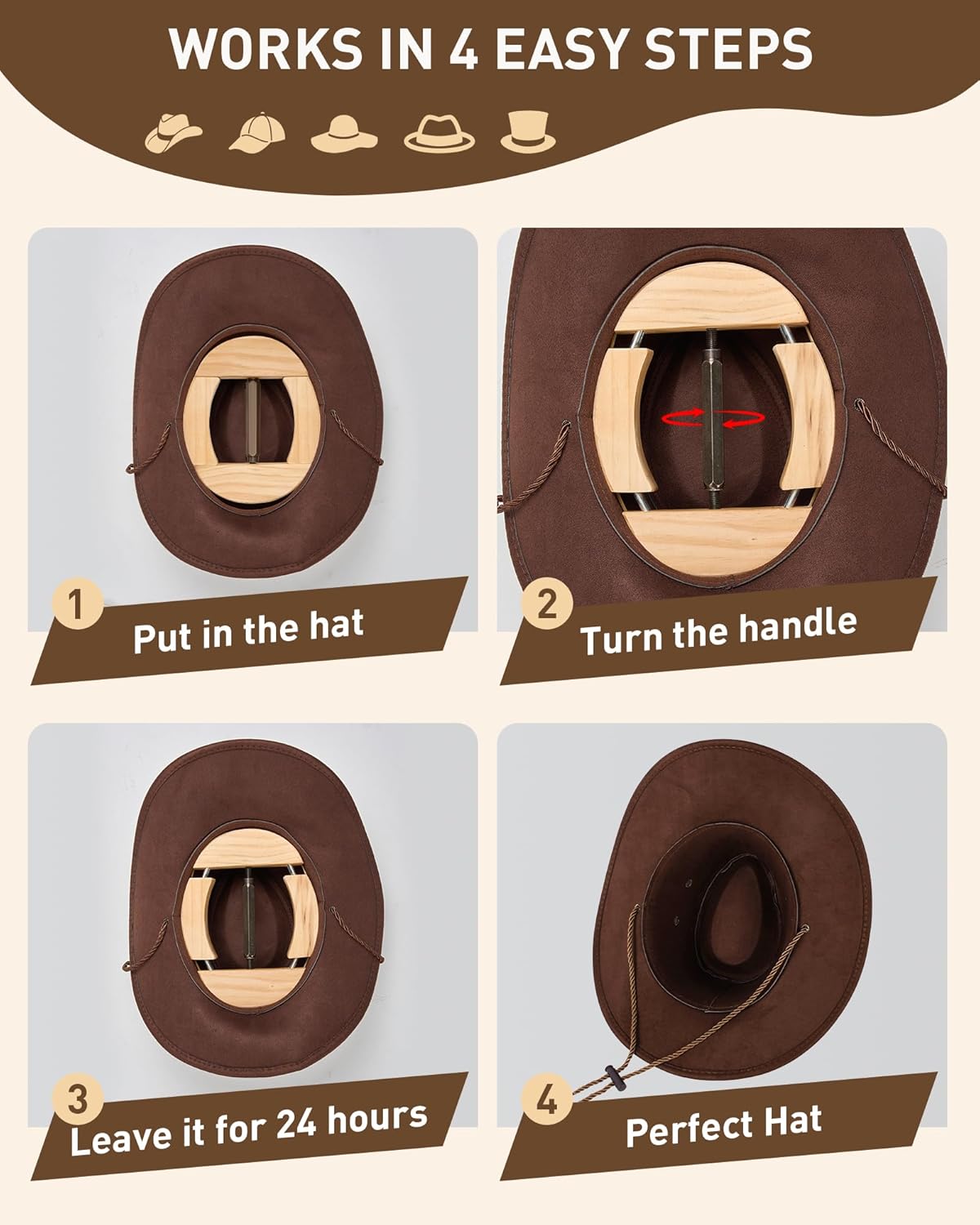 4-Way Adjustable Hat Stretcher & Jack - Resizer for Cowboy, Baseball, Peak and Fitted Caps - Tool to Shape, Stretch and Maintain Your Hats (Fits Size 6 7/8 to 8) Khaki - Image 7