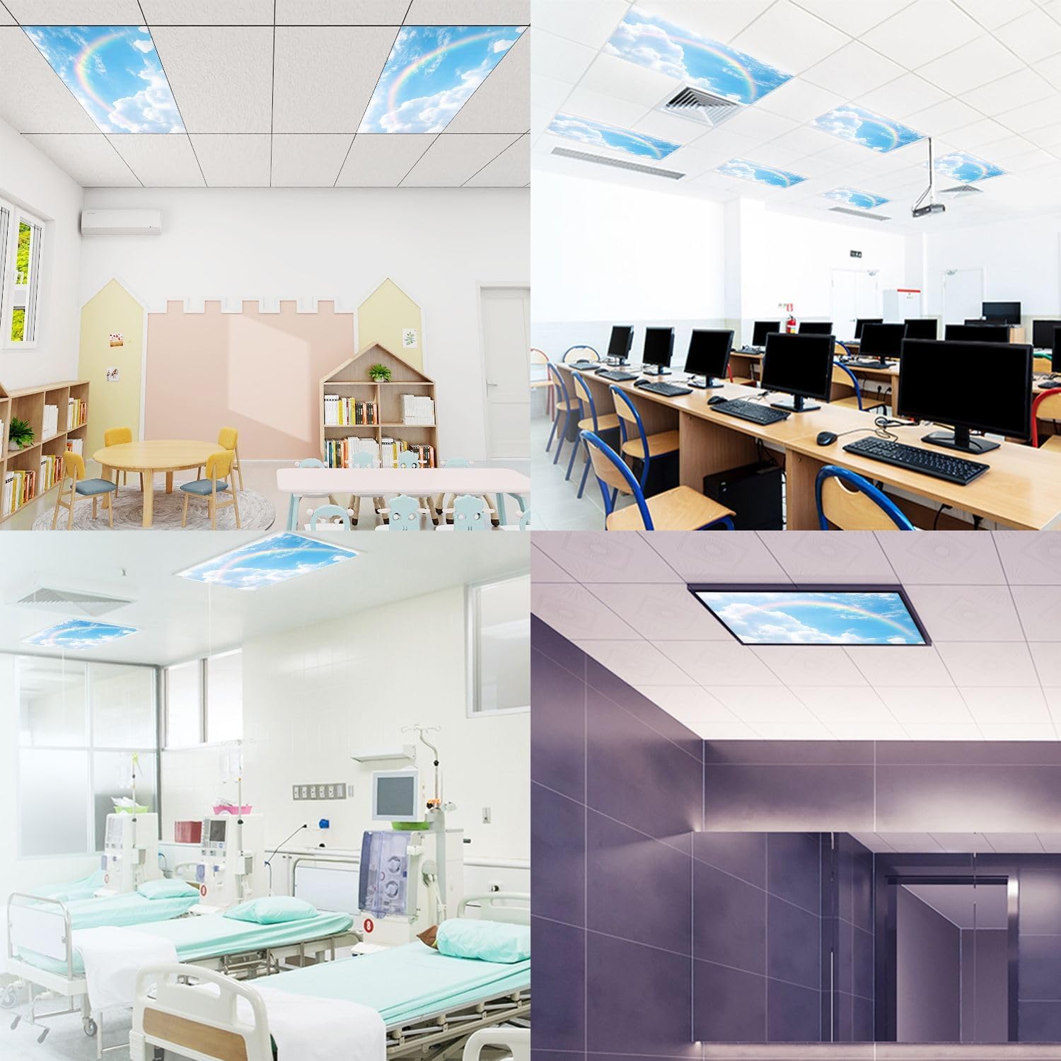 Fluorescent Light Covers for Ceiling Lights Rainbow Cloudy Sky Easy to Install Magnetic Light Filter for Classroom Office Hospitals School Home Decor
