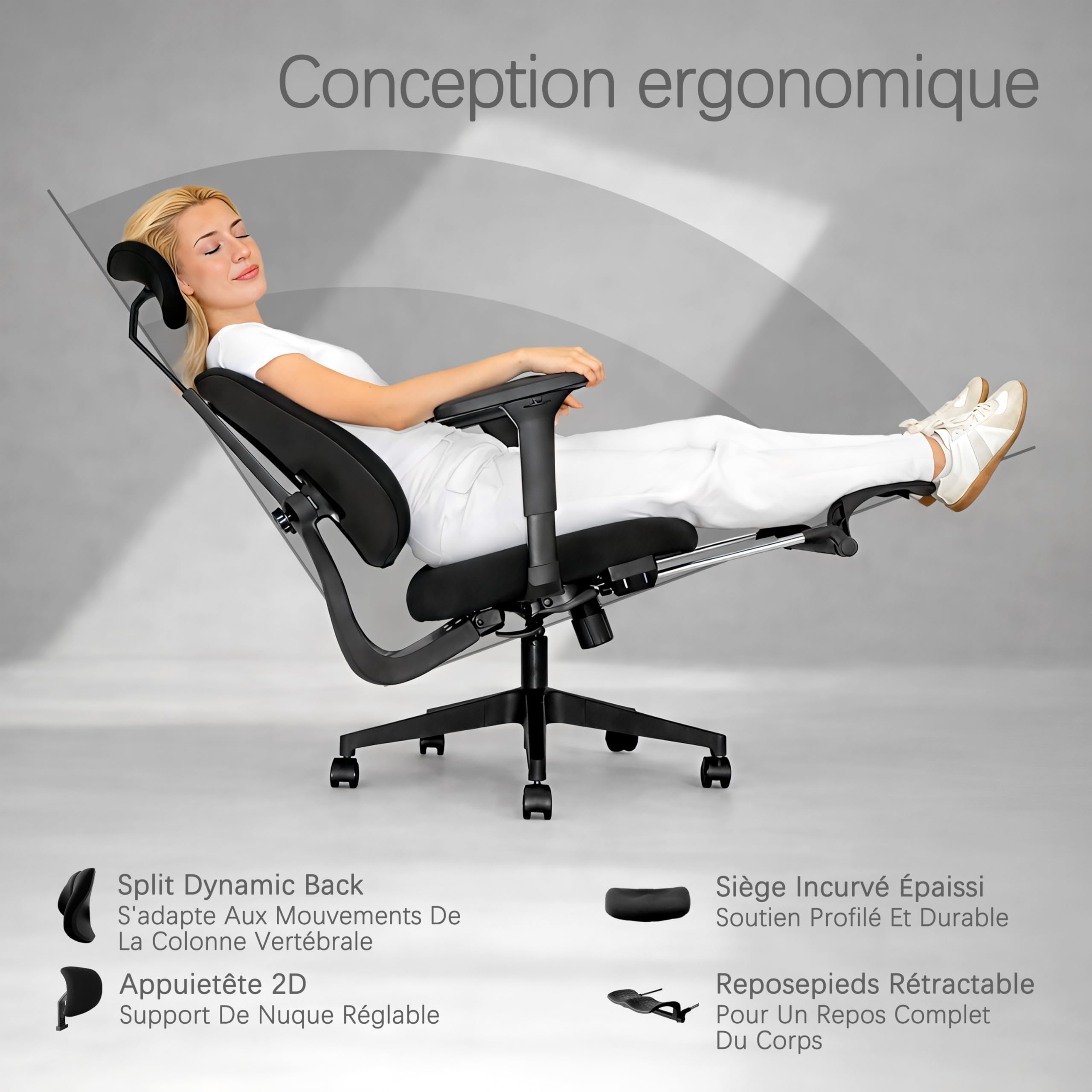 Chaise de Bureau Ergonomique, Dossier Séparé Dynamique, Siège en Mousse Moulée 8 cm, Accoudoirs 4D, Fauteuil de Bureau Grand Dossier avec Repose-Pieds, Flex S3, Noir