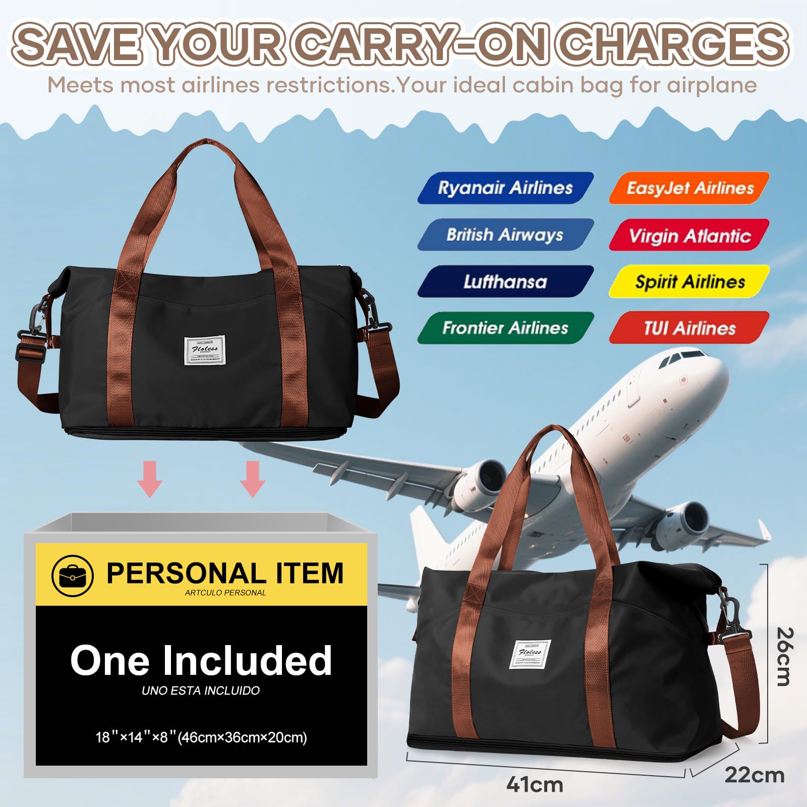 SEAFEW Bolsa de Viaje 40x20x25 para Ryanair,Bolsa de Mano Equipaje de Fin de Semana 40x30x20 para Mujer,Impermeable Bolsa de Deporte para Gimnasio,Bolso de Natación para Playa,A4-Negro-Marrón