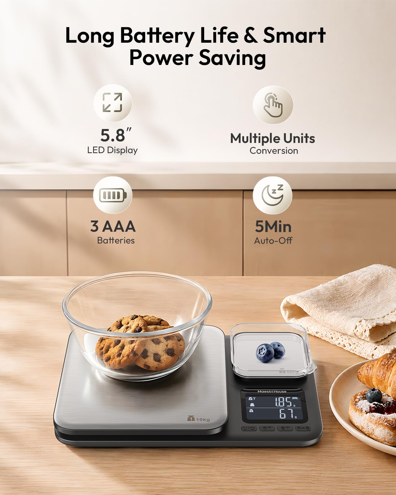 Maestri House Balance de cuisine avec deux plateformes de pesée, haute précision de 0,01 g et capacité totale de 10 kg/1 g, balance alimentaire 2 en 1 en acier inoxydable avec fonction tare et somme