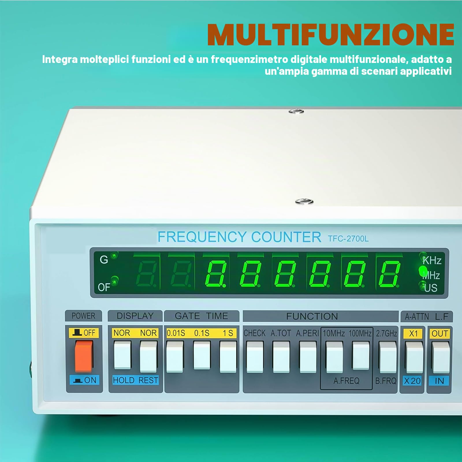 Contatore di Frequenza Ad Alta Precisione, Frequenzimetro Digitale Multifunzione, Elevata Stabilità, Display a LED a 8 Cifre, TFC2700L, per Laboratorio E Manutenzione di Apparecchiature