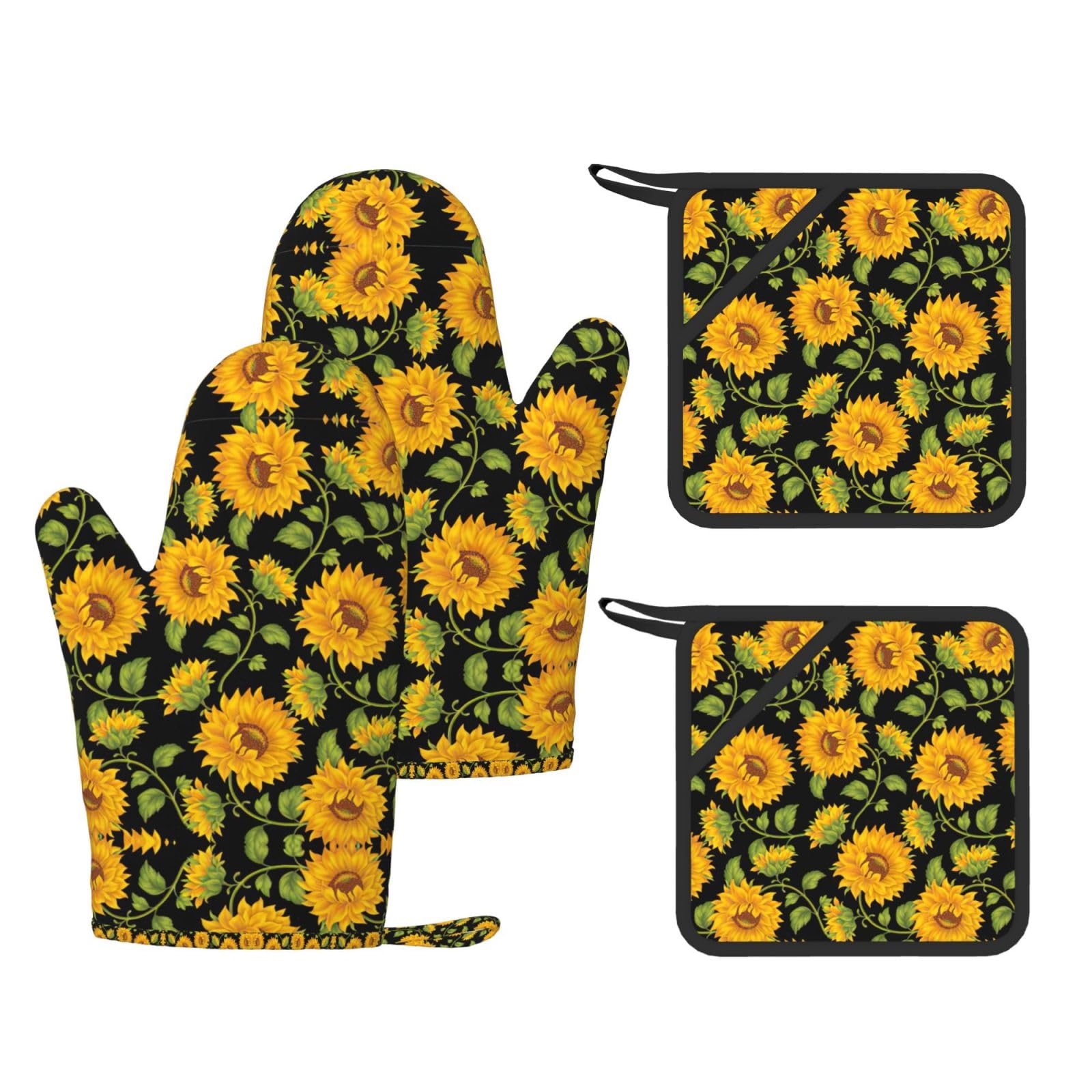 Sunflower Pattern Printed Oven Gloves and Hot Pads Set of 4, High Heat Resistant Silicone Mitts for Cooking BBQ