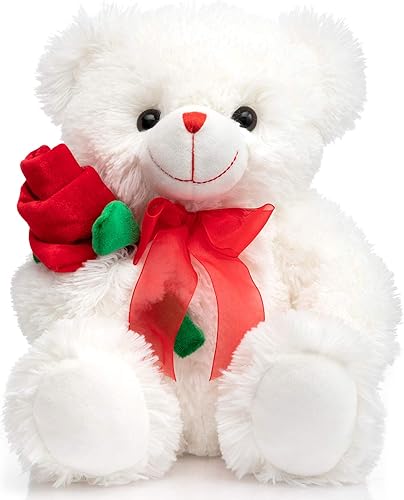 HollyHOME Oso de peluche de oso de rosas con lazo rojo suave juguete de peluche regalo de 12 pulgadas blanco