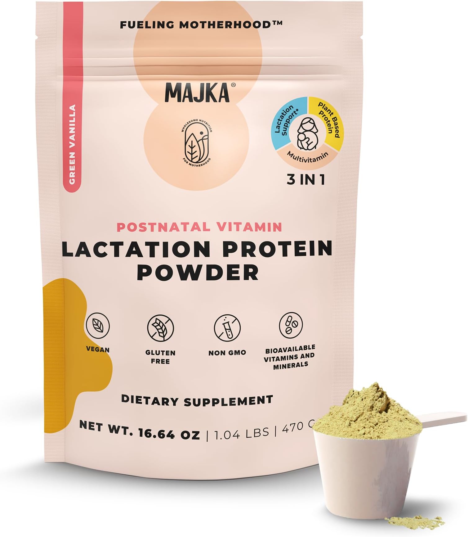 MAJKA Lactation & Postnatal Protein Powder - Green Vanilla, 1.03 LB - Vegan, Gluten-Free with Essential Nutrients