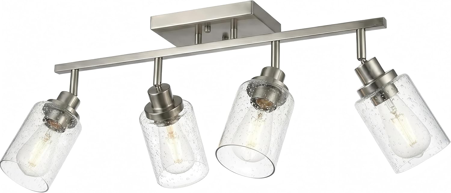 LOUSACE 4-Light Track Lighting Fixtures, Rotatable Track Heads Bathroom Vanity Light Ceiling Spotlight Brushed Nickel, Seeded Glass Shades