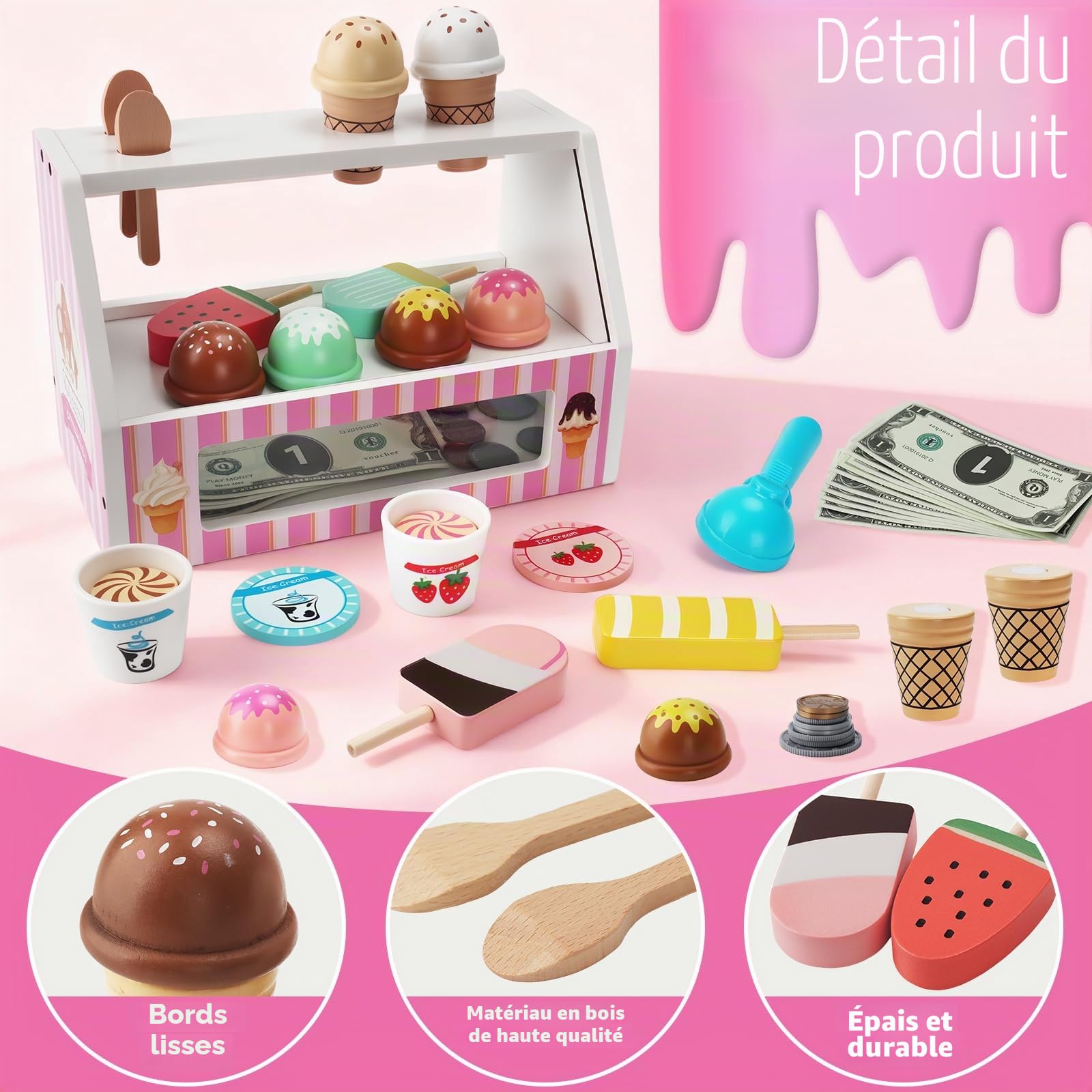 Glacier en Bois pour Enfant,38 Pièces Glaciere Jouet,Cuisine Enfants Accessoires,Magasin pour Enfants Jeu Imitation,Jouet en Bois Jouets Montessori Cadeau pour Garçons Filles à Partir de 3 Ans