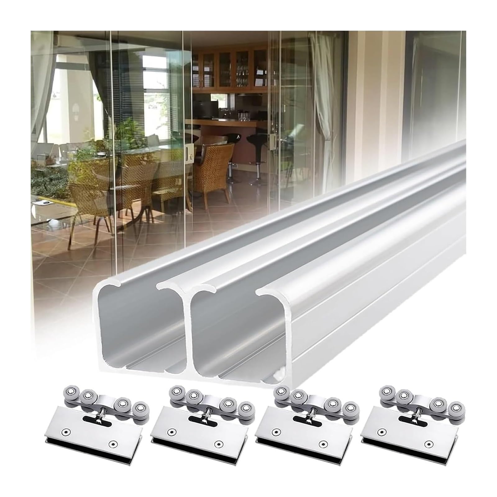 PALSINBY Sliding Glass Door Track Kit, Sliding Barn Door Track Hardware Kit Silver 70-400cm Aluminum 8 Wheels 8-12mm Glass(190cm (6.2ft))
