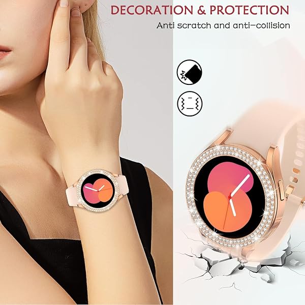 DEALELE [2-PACK] Case Compatible with Samsung Galaxy Watch FE / 5/4 40mm, Bling Double-row Diamond PC Protective Case Protector Cover, 40mm, Rose gold + Transparent - 3