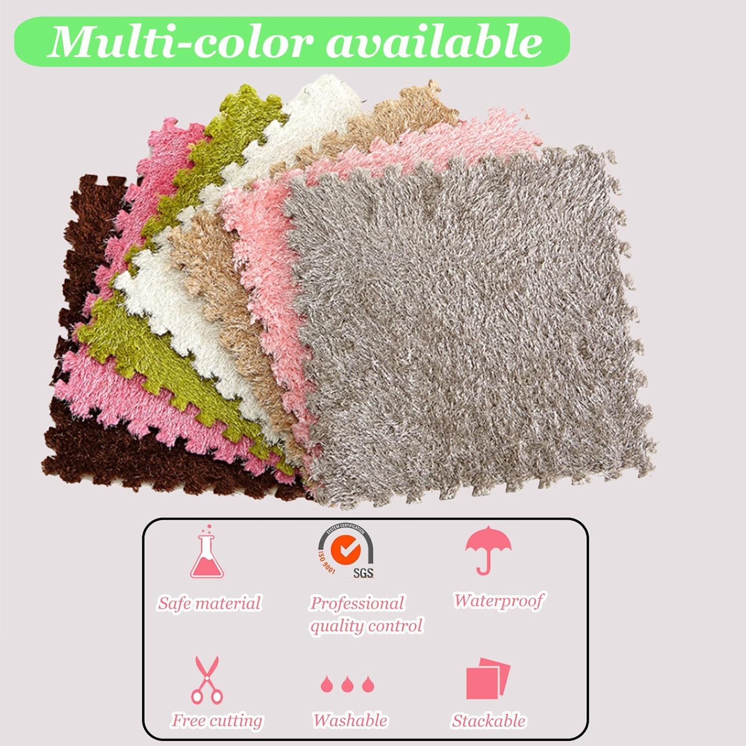 Plüsch-Puzzlematte, Quadratische Plüsch-DIY-Schaumstoff-Ineinandergreifende Matte, schneidbar, Mehrfarbig, 9/16/20/64 Stück(Green,9pcs)