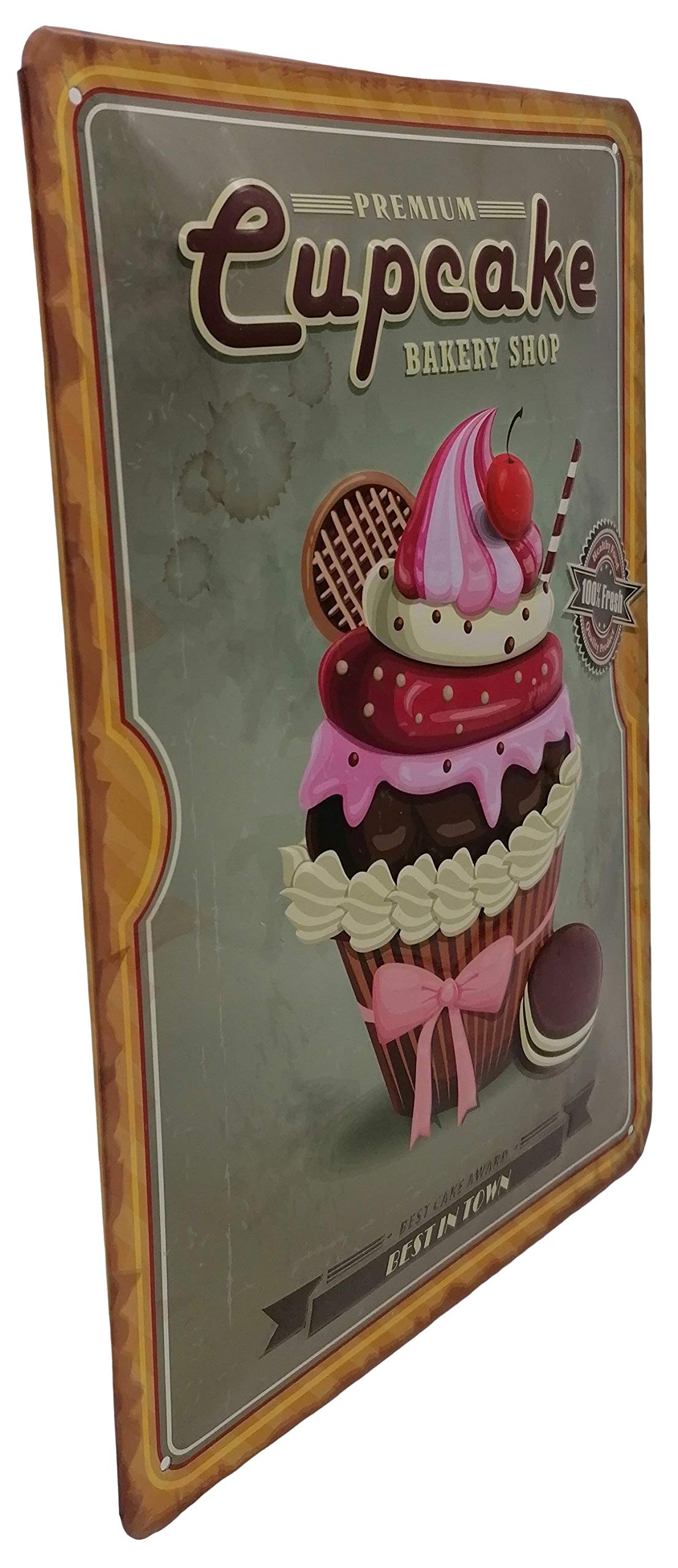 Placa De Metal Vintage Para Cocina, Diseño Cupcake, 30x20 Cm, Texto "Bakery Shop Best In Town", Con Relieve Y Agujeros
