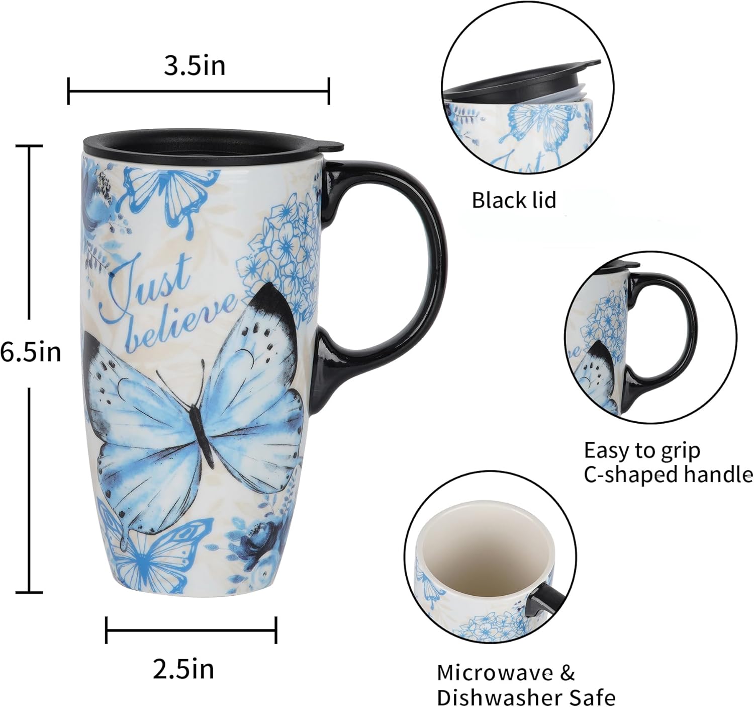 Topadorn Ceramic Travel Mug Coffee Cup with Lid and Matching Box, 17oz Microwave & Dishwasher Safe Coffee Tumbler, Butterfly - Image 7