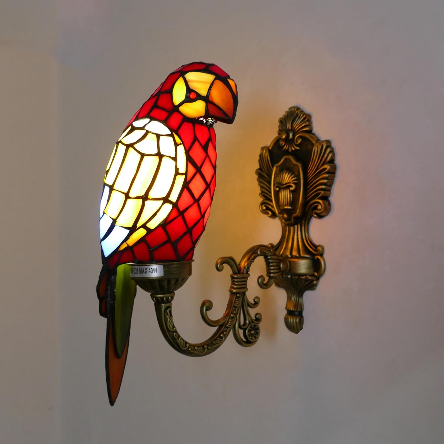 Tiffany Red Parrot Wall Light Stained Glass Gooseneck Wall Sconce Birds Wall Mount Lighting Fixtures for Living Room Hotel Shop Porch