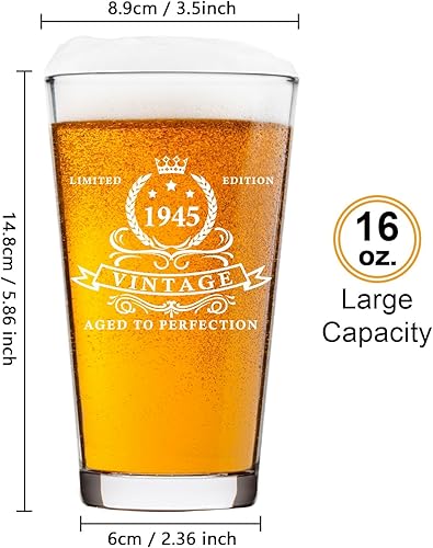Miniatura 2 de LIGHTEN LIFE Regalos de cumpleaños número 80 para hombres de 16 onzas, vaso de cerveza 1945 en caja de barril, vaso de cerveza de cumpleaños 80 para