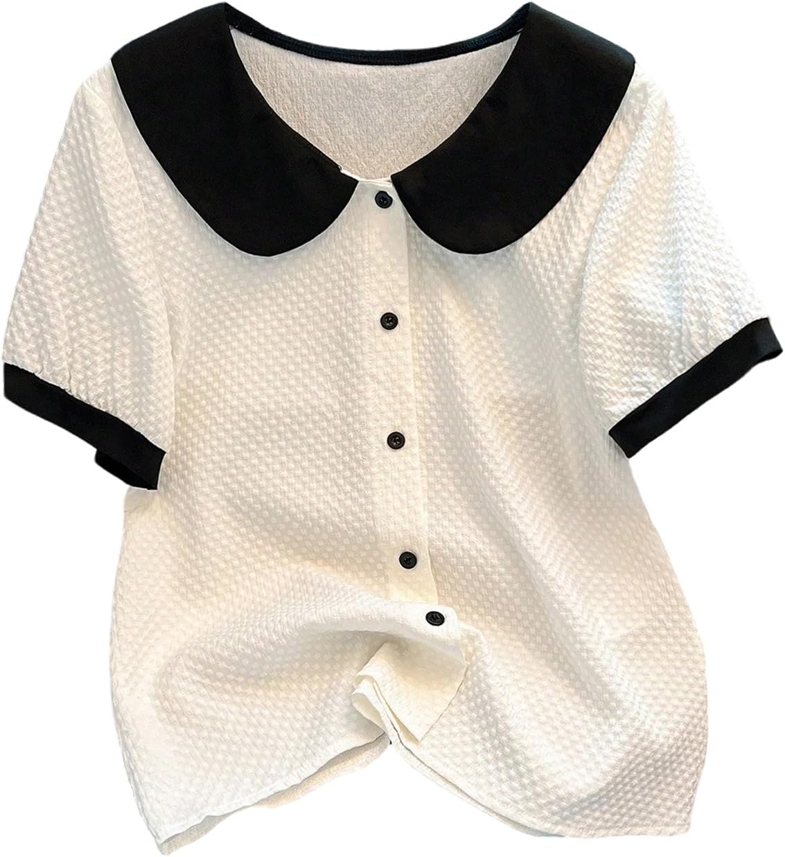 SHENHE Women's Button Up Blouse Doll Collar Color Block Short Sleeve Dressy Casual Going Out Top