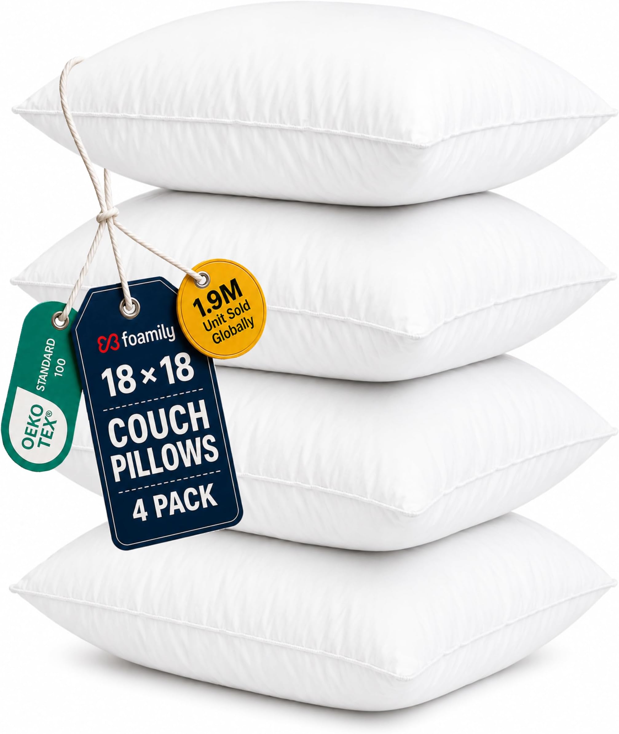 Foamily Throw Pillows Insert Set of 4-18 x 18 Insert for Decorative Pillow Covers - Made in USA - Bed and Couch Sham Filler