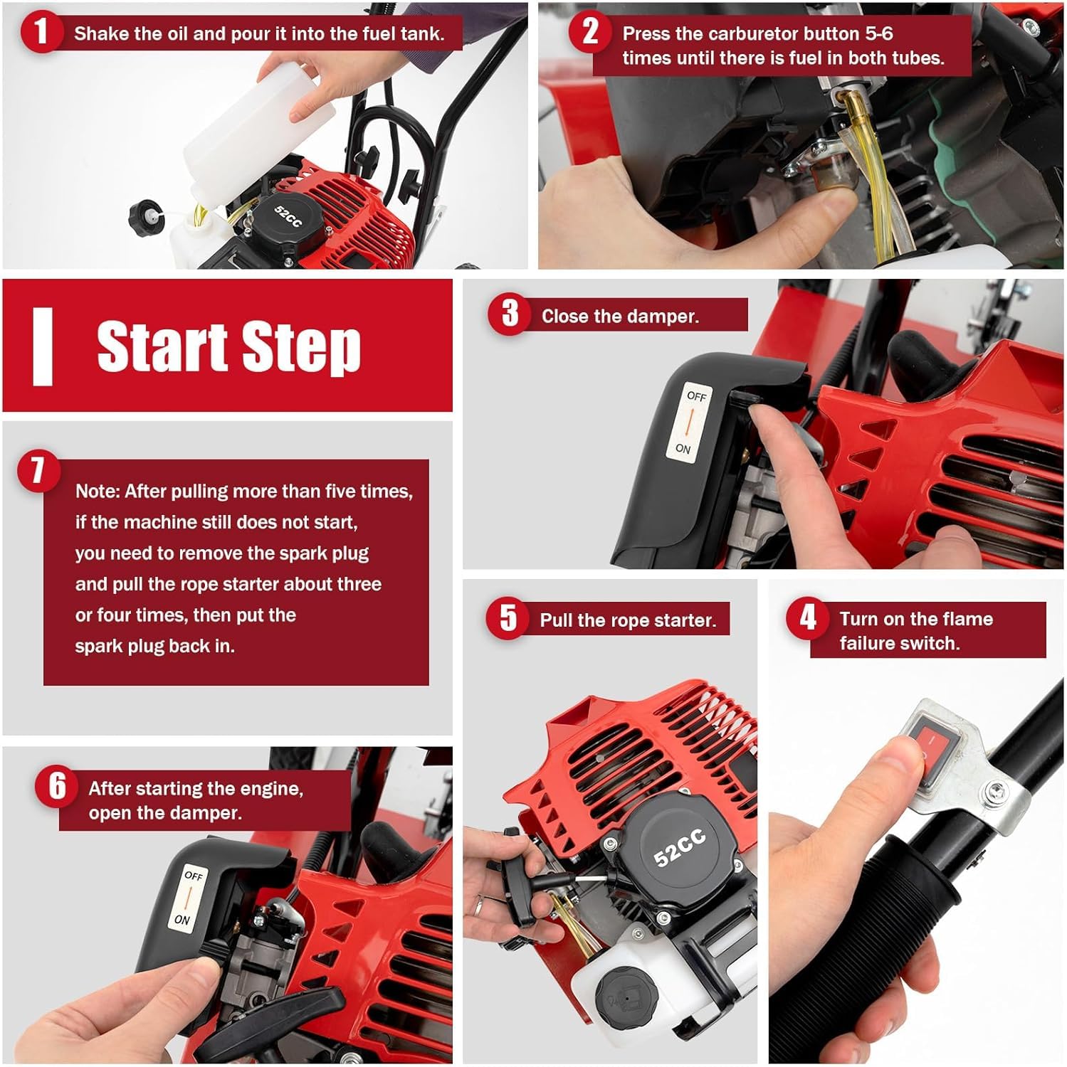 Motorhacke a gasolina 52CC | Fregona de suelo, fresadora de jardín con motor de 2 tiempos de 1700W (2,3CV) | Ancho de trabajo de 30 cm | Profundidad de trabajo de 3-12 cm | 4 cuchillas de acero |