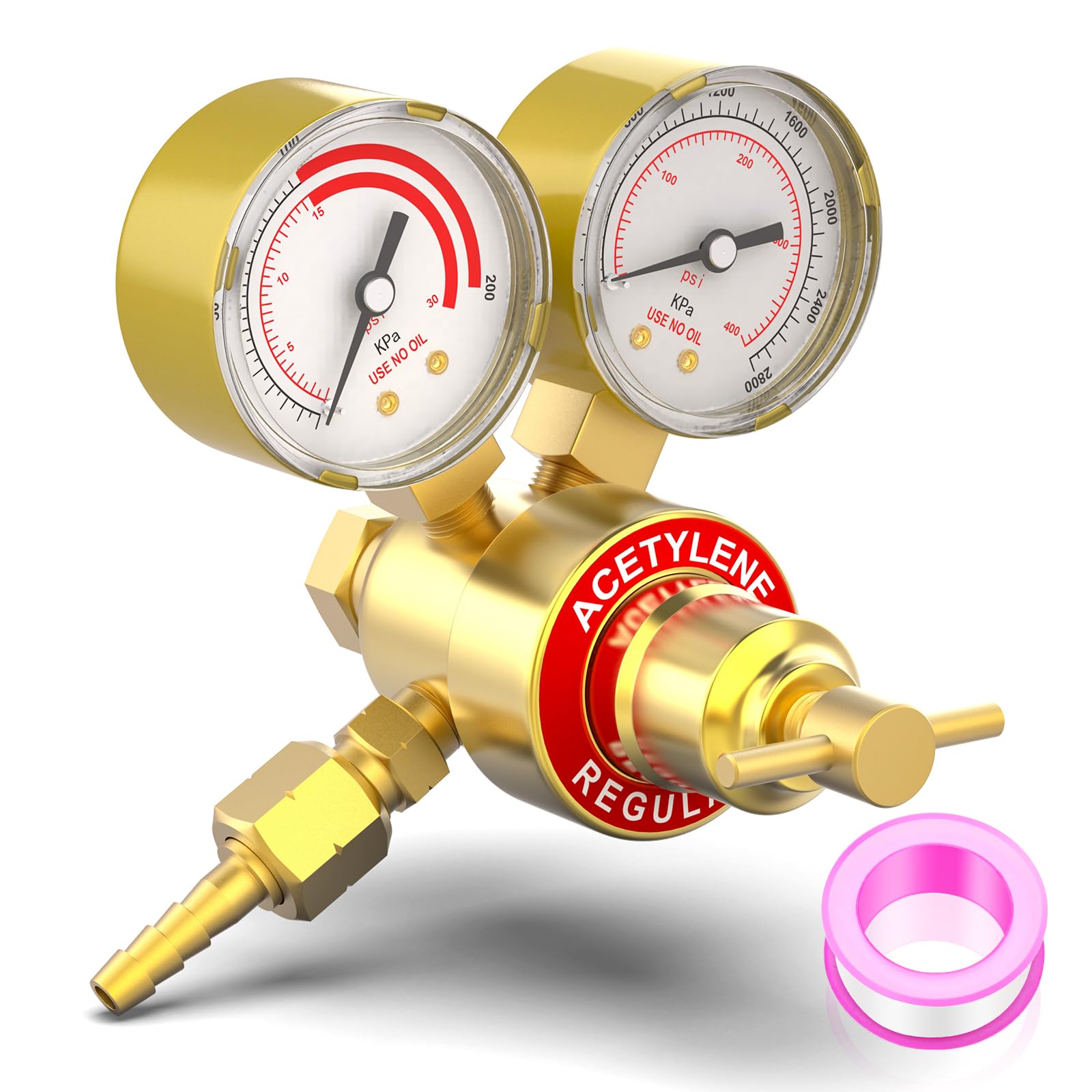 MEANLIN regulator acetylenu, manometr gazu spawalniczego CGA 200, regulator palnika tnącego, wylot 0-200 kPa, wlot 0-2800 KPa, podwójny miernik ciśnienia z wylotem 9/16"-18 i przyłączem węża