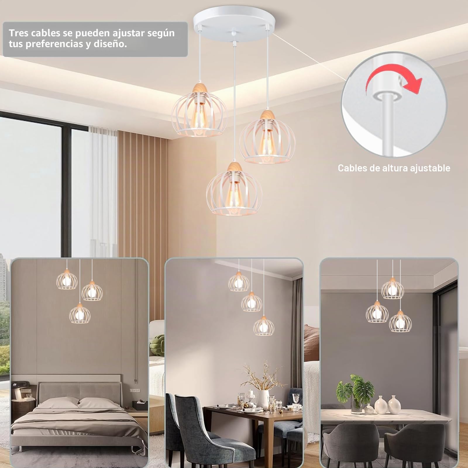 iDEGU 3 Luces Lámpara Colgante Vintage Lámpara de Techo en Madera y Metal Industrial Lámpara de Araña Diseño Jaula Retro Iluminación E27 Luz Colgante para Salón Dormitorio Cocina (Redondo, Blanco)