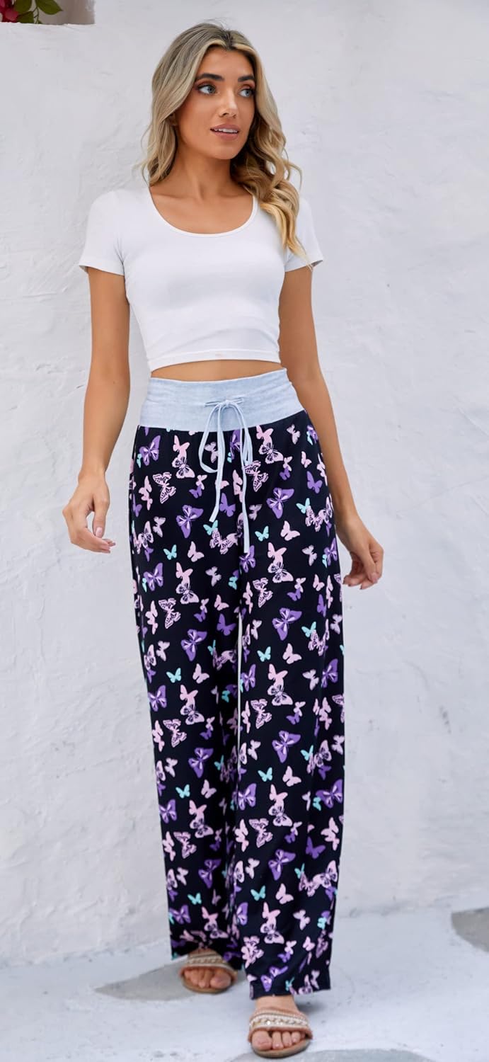 X-Image Women's Comfy Pajamas Drawstring Stretch Floral Print Long Wide Leg Lounge Pants - Image 5