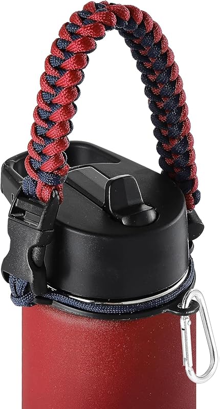 Mango de paracord IRON °FLASK - Se adapta a botellas de agua de boca ancha - Portador duradero, accesorios seguros, cordón de correa de supervivencia, anillo de seguridad y mosquetón - Pulsera de paracord de siete núcleos