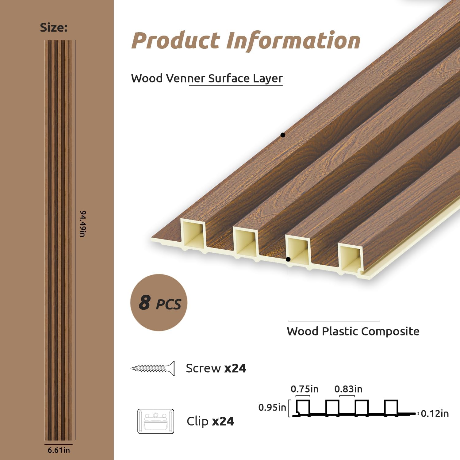 WPC Slat Wall Paneling, Modern Accent 3D Wall Panels, 8-Piece 94.5" x 6.3" TV Wall Panel, Bedroom, Living Room, Walnut