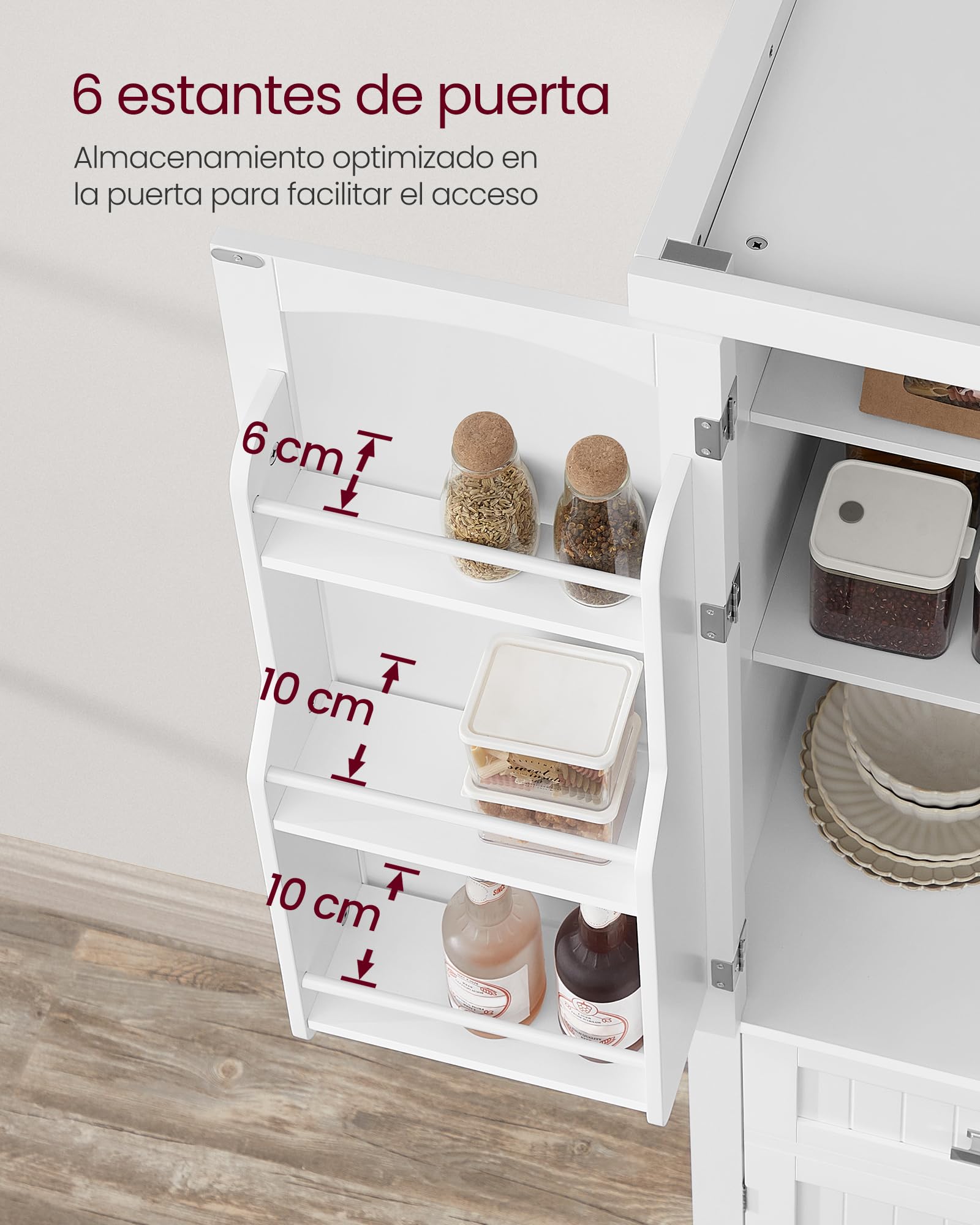 VASAGLE Armario Alto de Cocina, 40 x 76 x 182,1 cm, Armario Independiente, con un Cajón, Estantes Ajustables, 6 Estantes en la Puerta, para Sala de Estar, Cocina, Blanco BBC561W21