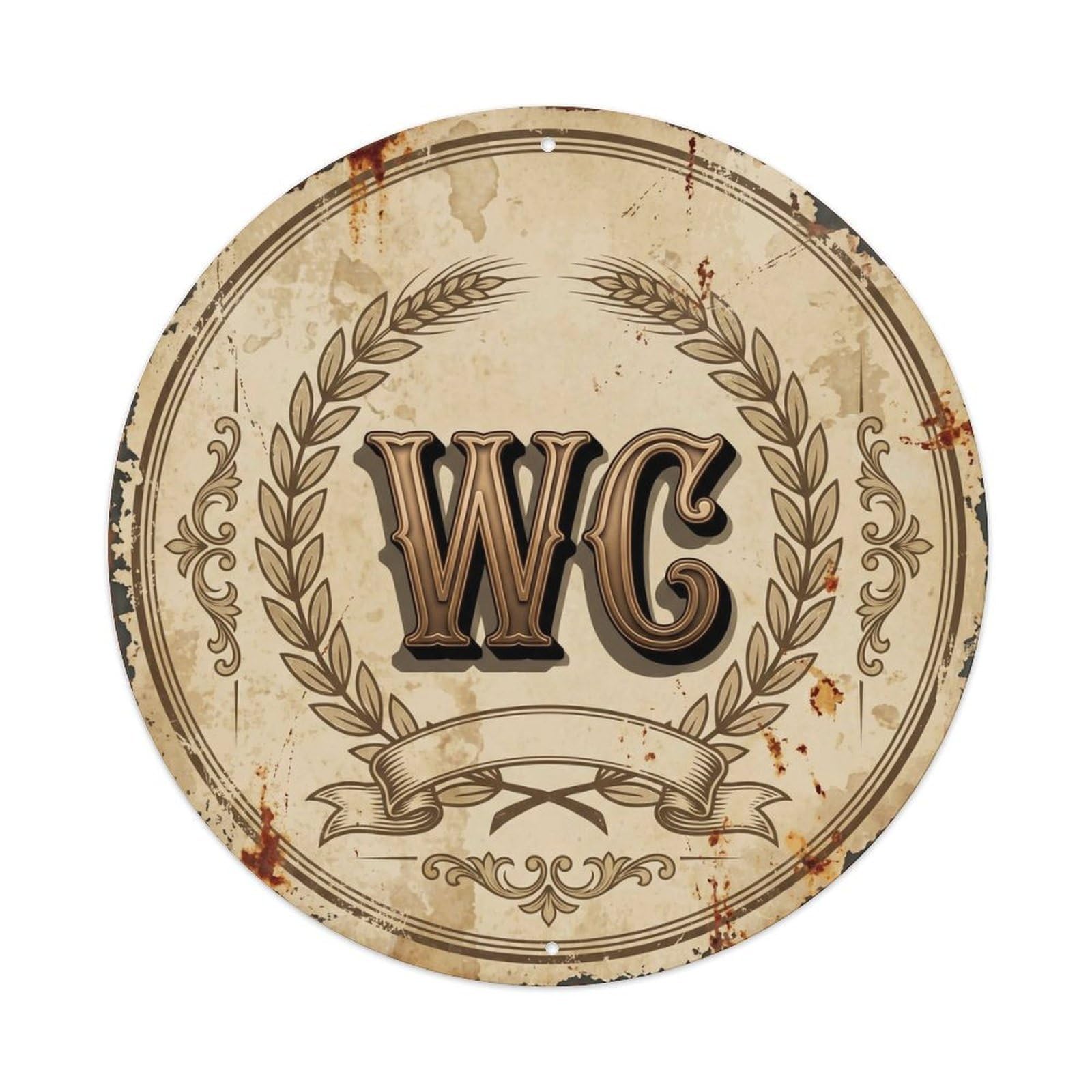 Toilet （WC） Victorian Laurel Emblem Metal Tin Sign Plaque Wall Decor for Cafe, Club Bar, Office, Home Garden Round Metal Poster 8x8Inch