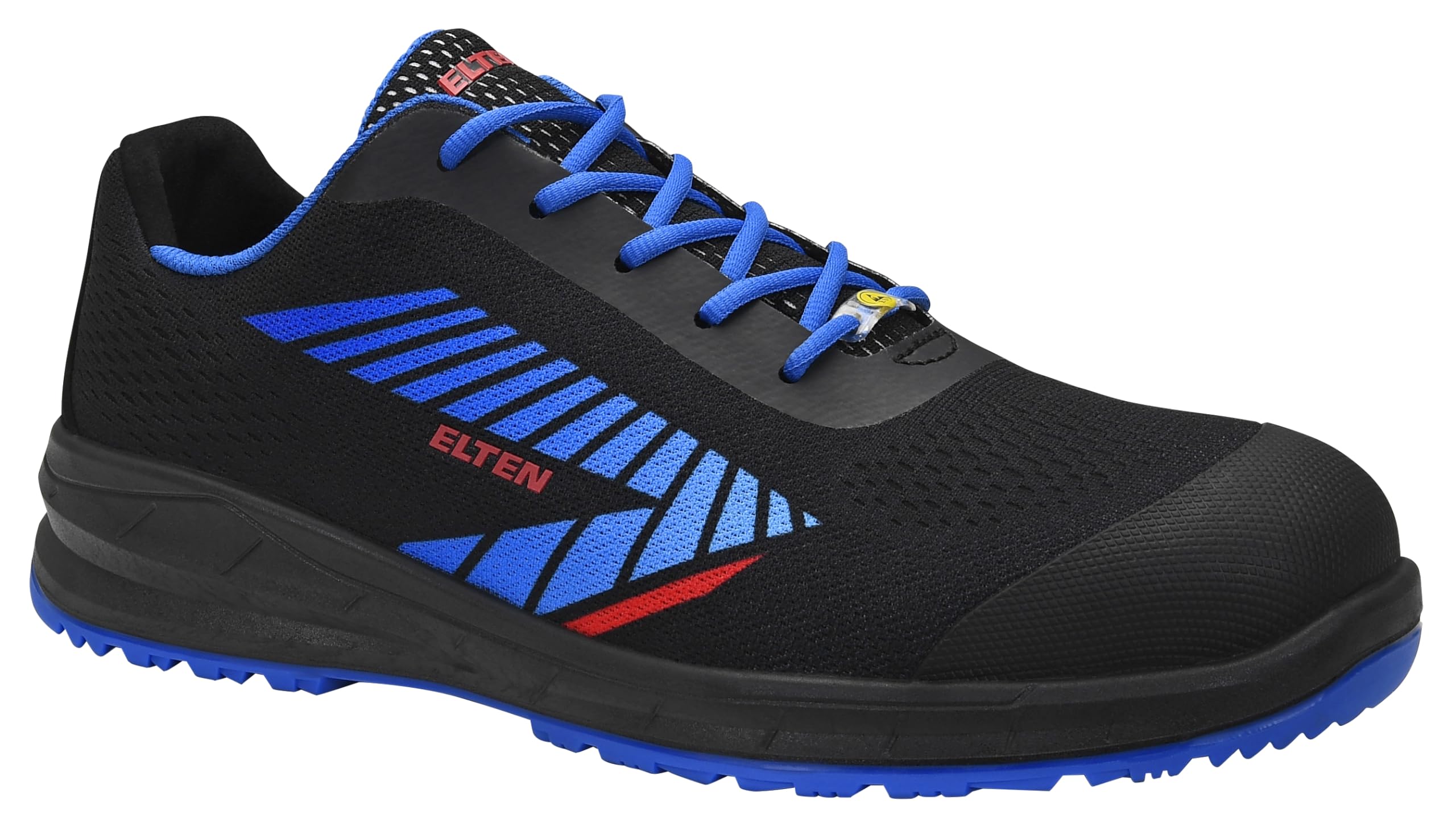 ELTEN Obuwie ochronne Larkin XXSports Black-Blue Low ESD S1, dla kobiet i mężczyzn, tekstylne, stalowe noski, lekkie, sportowe, czarne/niebieskie