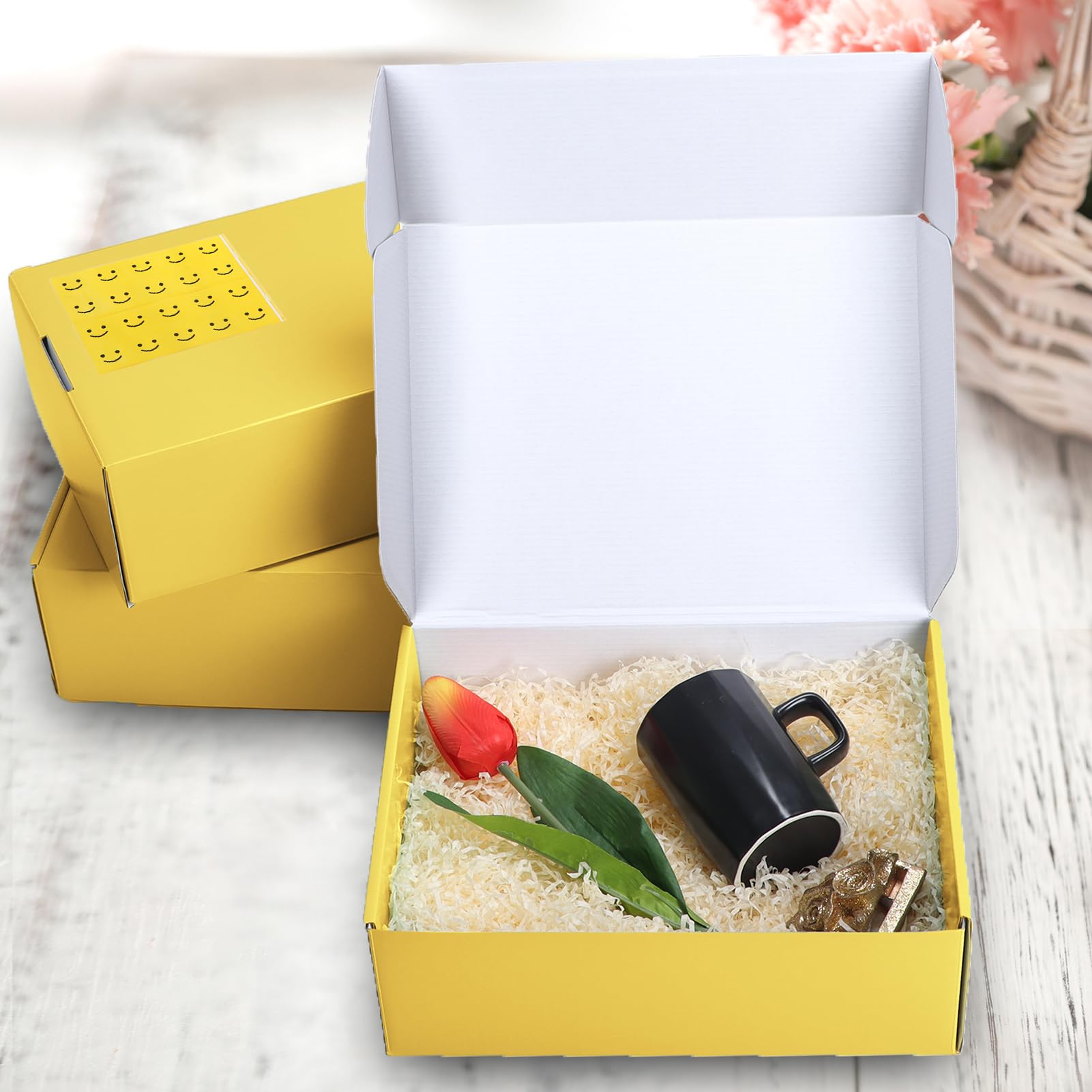 PHAREGE Cajas de envío de regalo de 12 x 9 x 4 pulgadas, paquete de 20 cajas de correo amarillas con pestaña para embalaje de pequeñas empresas, cajas de cartón medianas para envolver regalos