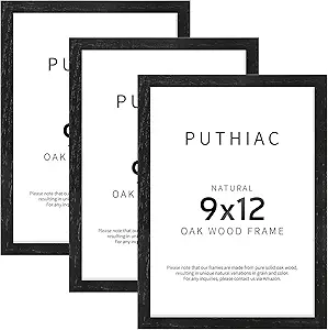 puthiac 9x12 Oak Wood Picture Frams - Minimalist 9x12 Oak Wood Frames, 9"x12" Picture Frame Wood, Natural Solid Wooden Picture Frames for Wall Art Photo and Prints(3 Pack, Black)