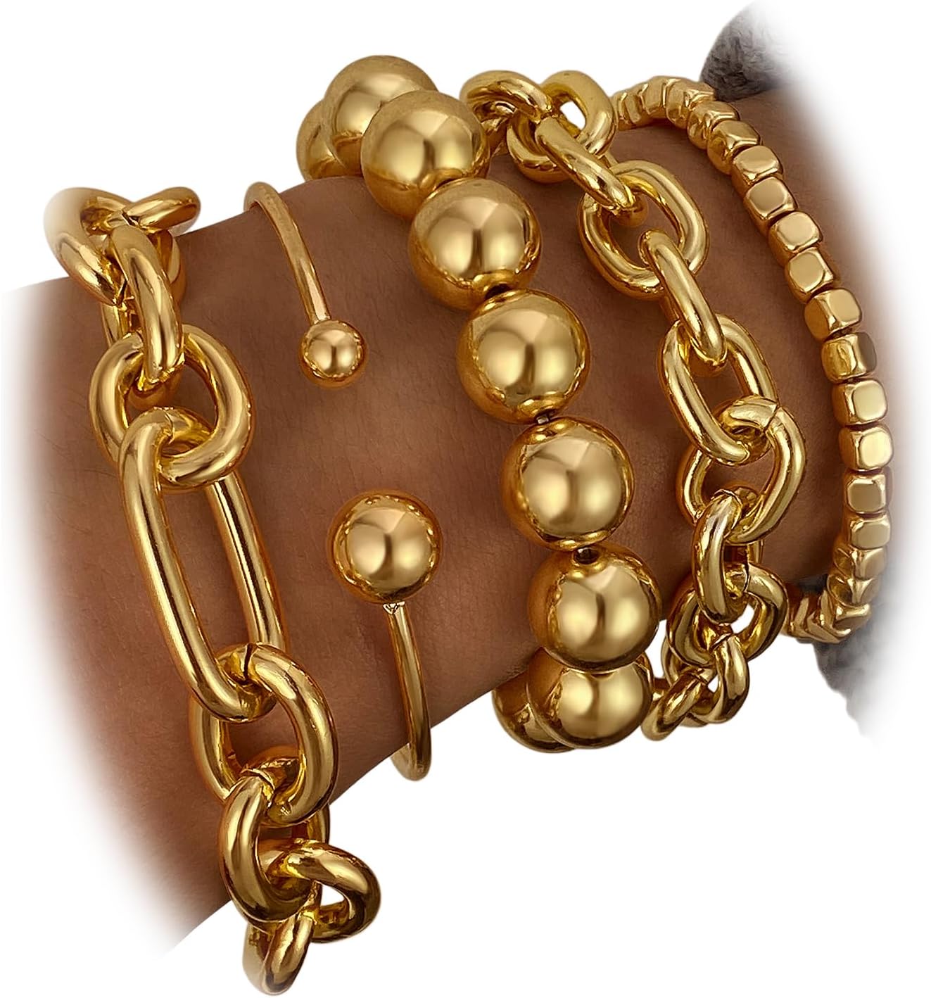 IFKM Bracelets for Women, Gold and Silver Stackable Bracelet Collection, Chunky Chain Bracelets, Beaded Bracelets, Cuff Bangles Jewelry Gifts