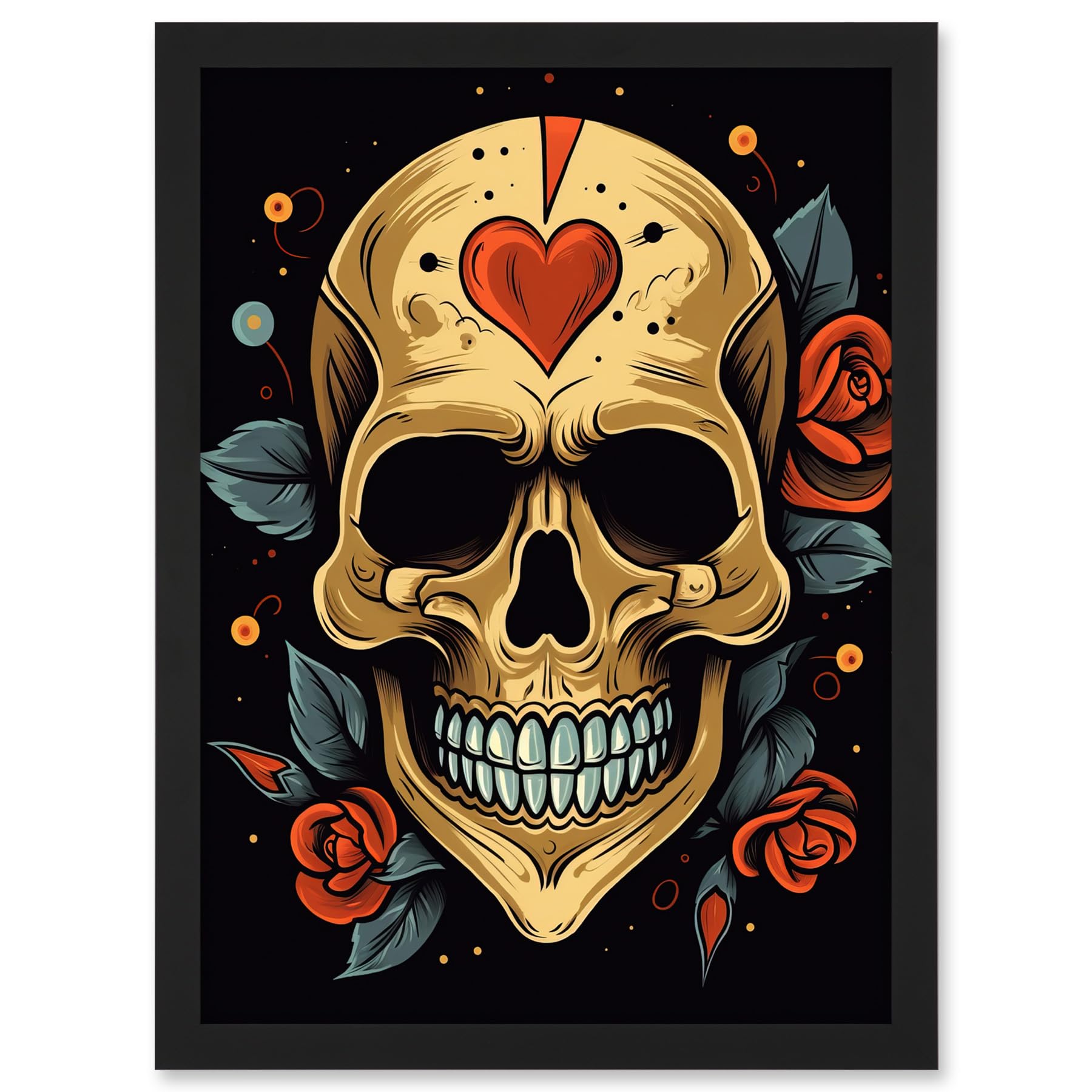 Artery8 Skull Heart and Roses Tattoo Ink Body Art Rockabilly Americana 50s Artwork Framed A3 Wall Art Print
