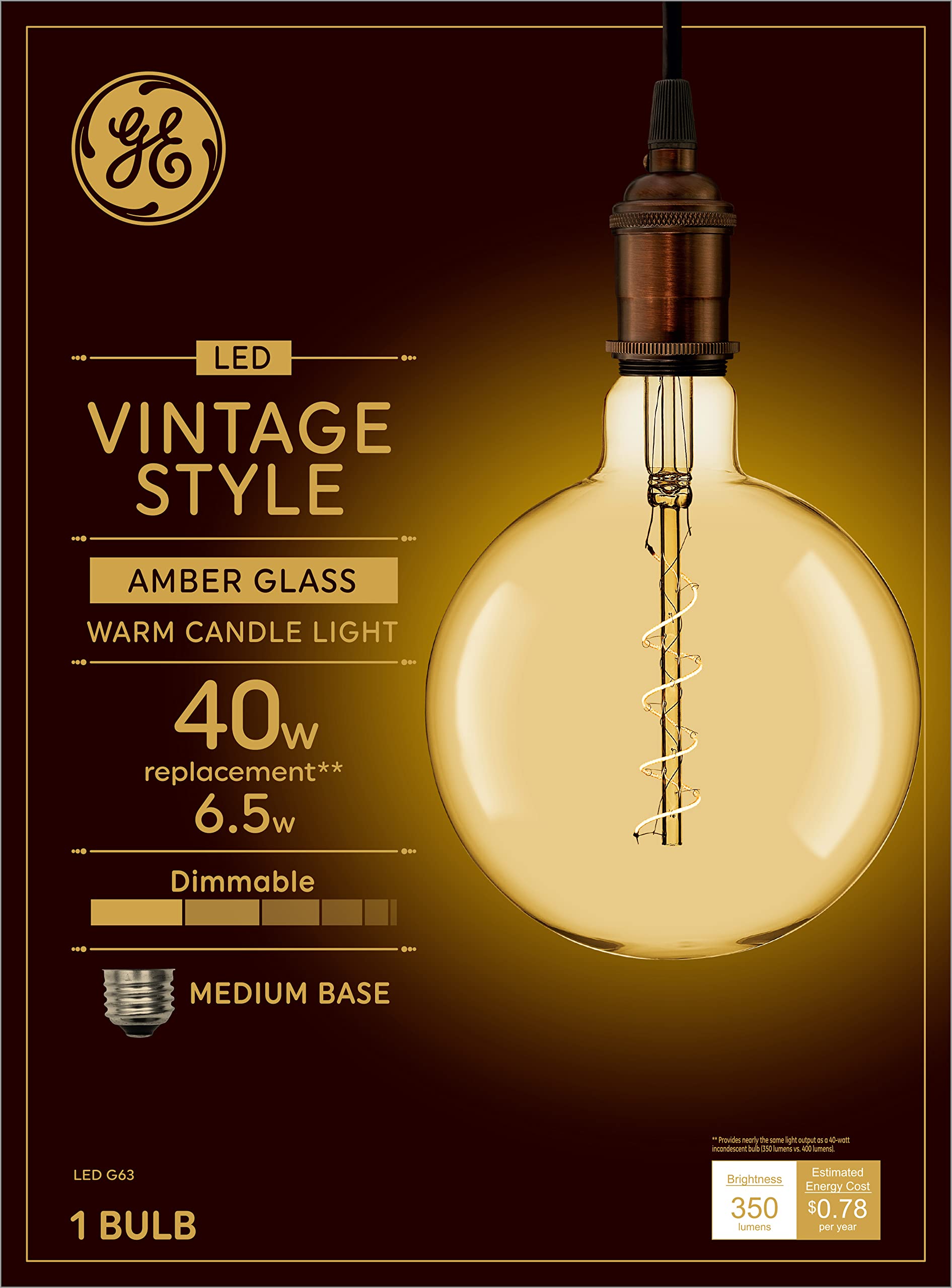 GE Vintage Style LED Globe Light Bulb, 6.5 Watts (40 Watt Equivalent) Warm Candle Light, Amber Glass, Medium Base, Dimmable (1 Pack)