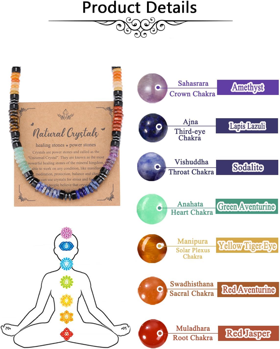 Jovivi Mens Healing Crystal Black Obsidian Tigers Eye 7 Chakra Gemstone Beaded Necklace Natural Stone Beads Necklace Triple Protection Jewelry Gifts for Men Stress Relief,Balance