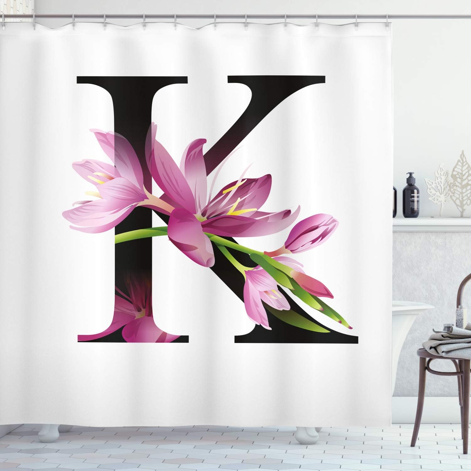 Ambesonne Letter K Shower Curtain, Blooming Kaffir Lily with Vibrant Green Stalk K Sign Nature Flower Art Print, Fabric Bathroom Decor Set with Hooks, 69" W x 84" L, Pink Green Black