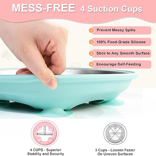Miniatura 6 de Platos de silicona de acero inoxidable para niños pequeños, 3 paquetes de platos antideslizantes para bebé, porción dividida, placa de silicona de