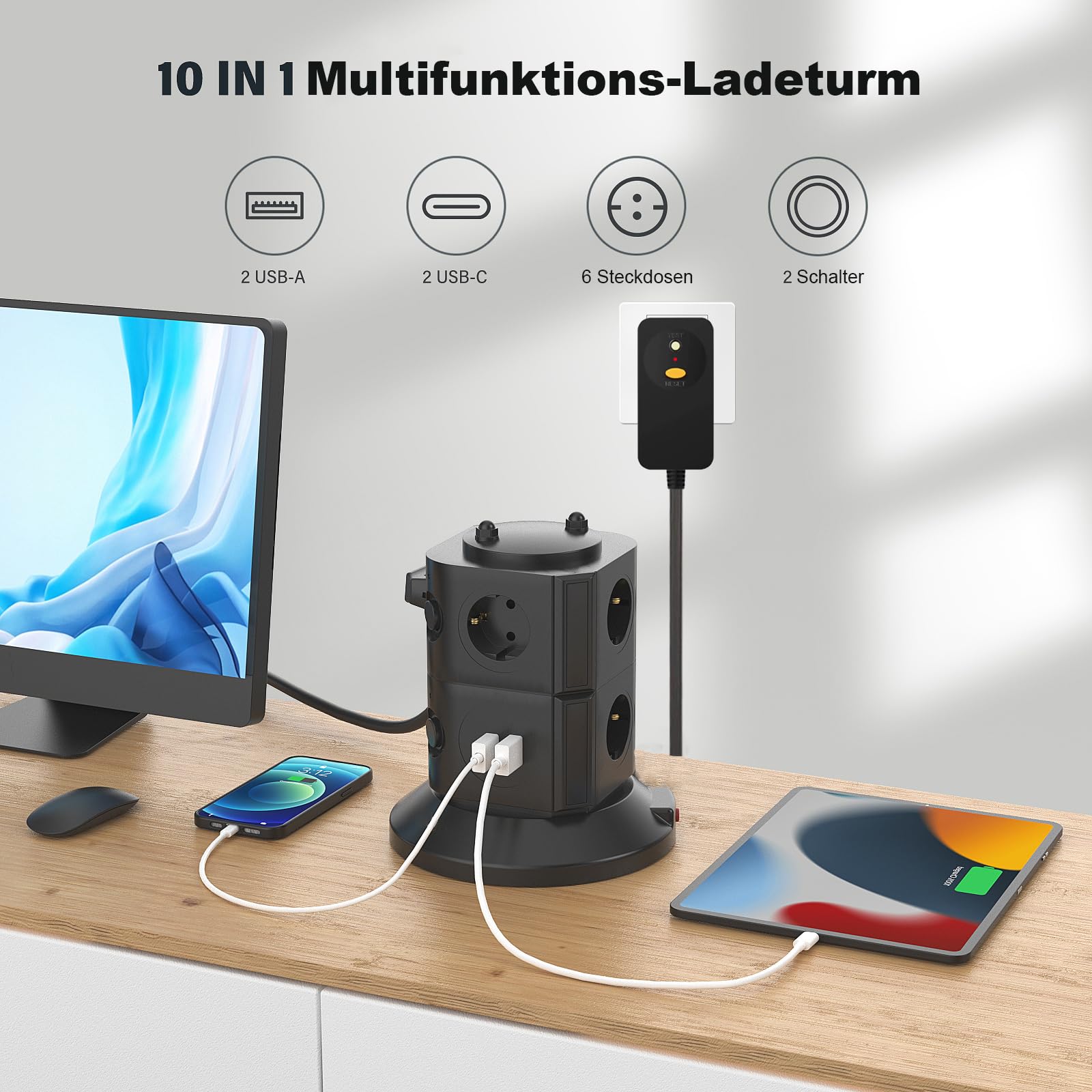 Interruttore di protezione FI, ciabatta multipresa a 6 prese, 4 USB, cavo da 3 m | Protezione da sovratensione, presa multipla a cubo, cavo di prolunga per ufficio e cucina