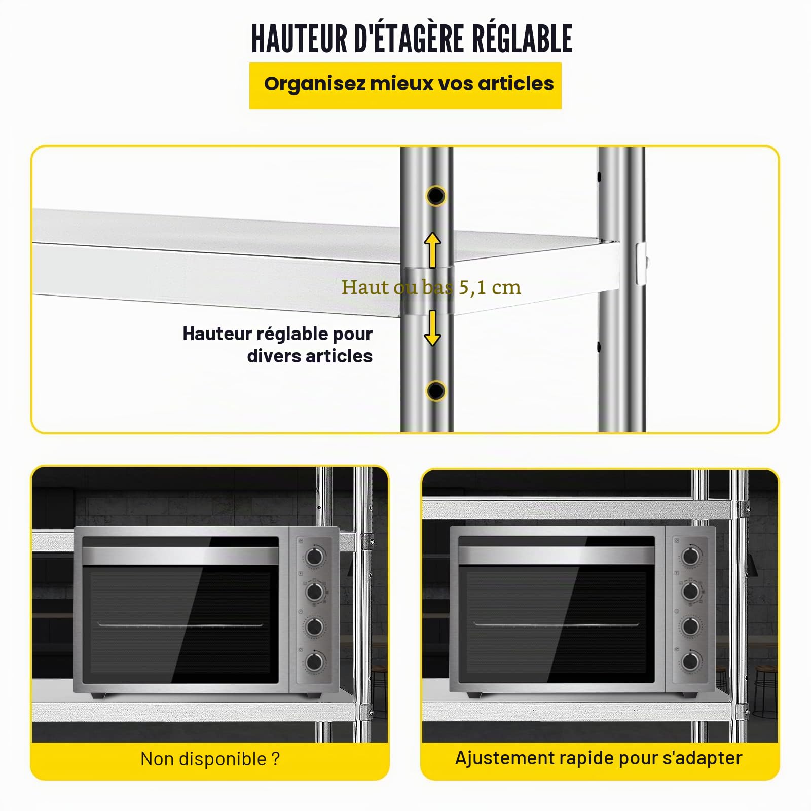 VBENLEM Étagères Inox de Rangement de Cuisine Capacité de Charge 150 kg Table à Épices à 4 Niveaux avec Accessoires d'Assemblage Meuble pour Cuisine Garage Atelier Entrepôt Balcon 122x48x150 cm
