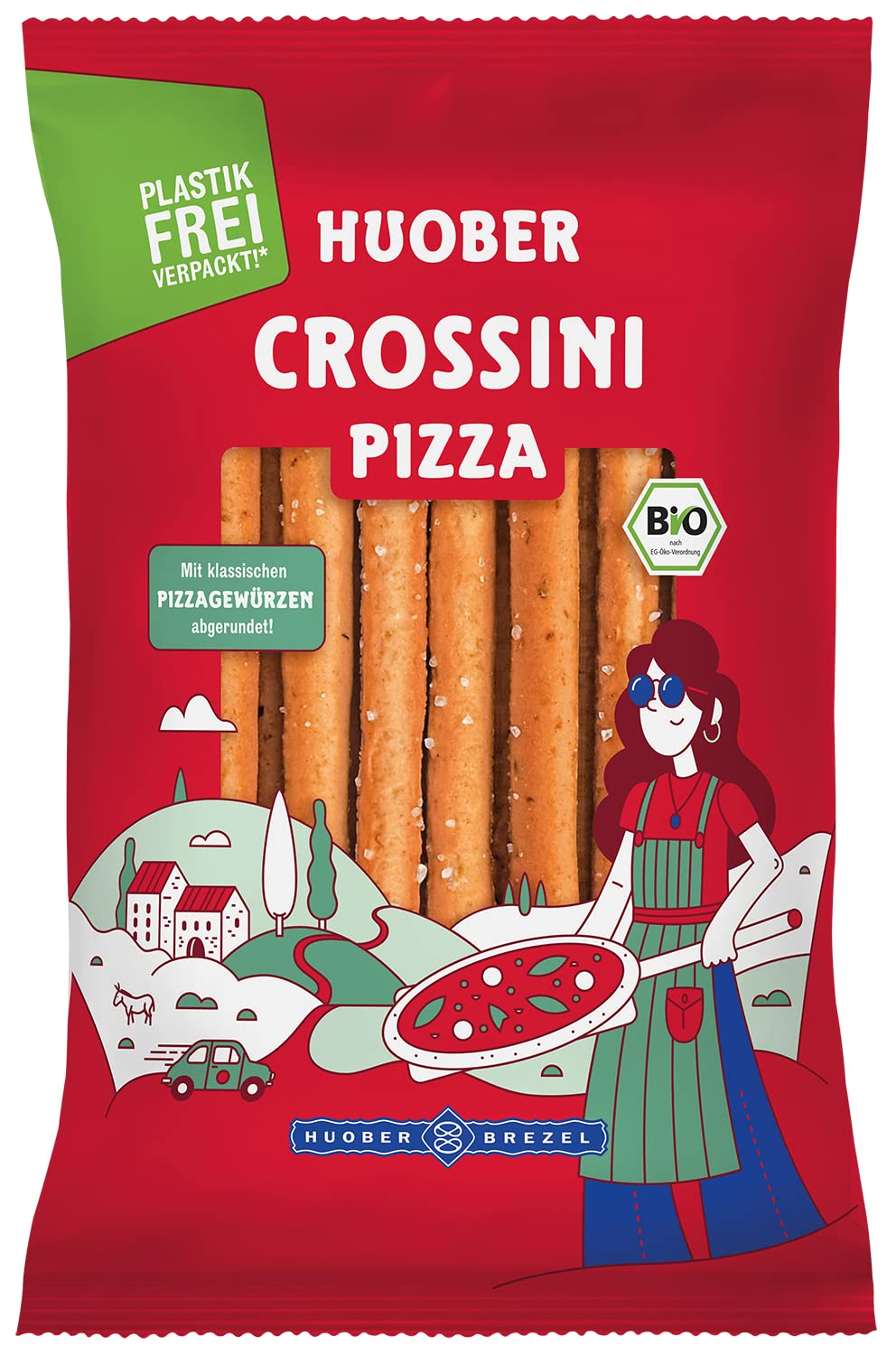 Huober Crossini Pizza, Bio Gebäckstangen mit klassischen Pizzagewürzen, locker und herzhaft, plastikfrei verpackt, 12 Packungen (12 x 100 g)