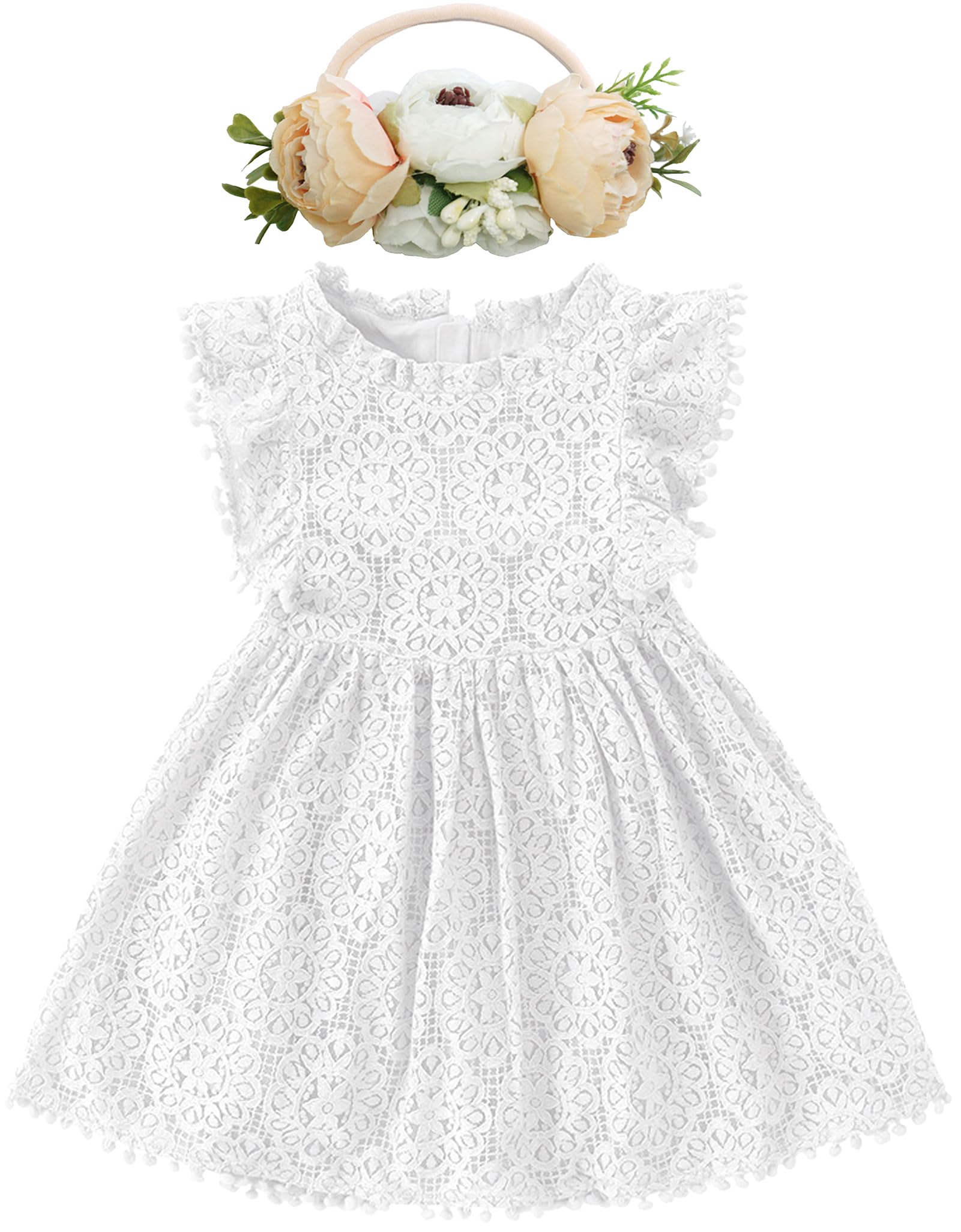 BGFKS Baby Girl Tutu Dress Elegant Lace Pom Pom Flutter Sleeve with Flower Headband Set
