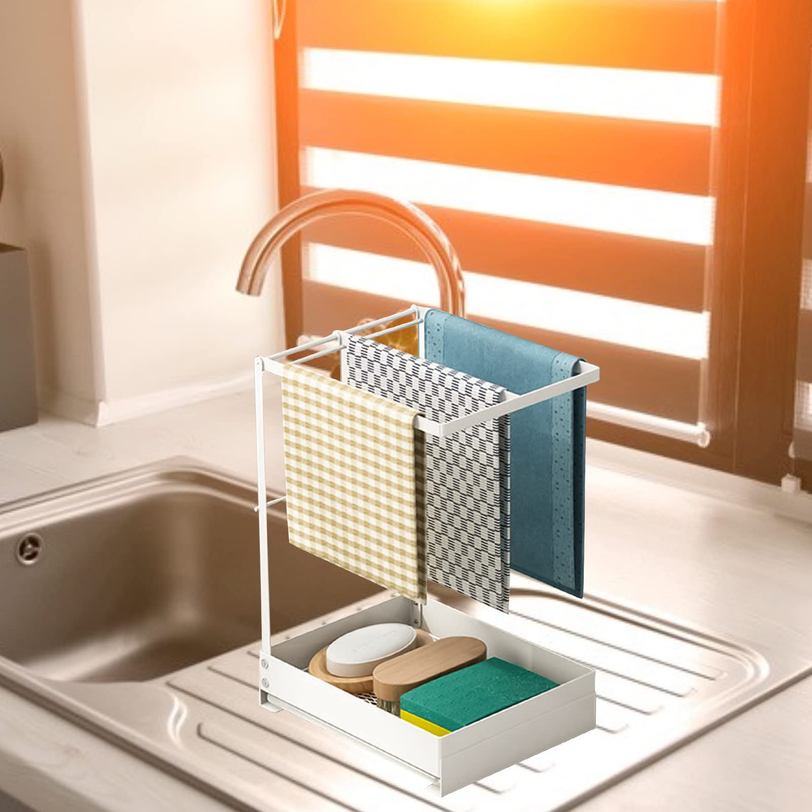 Organizador para fregadero de cocina, soporte para esponja para fregadero, soporte para paños de cocina, organizador para fregadero con bandeja de drenaje para almacenamiento de cocina, baño, fregad