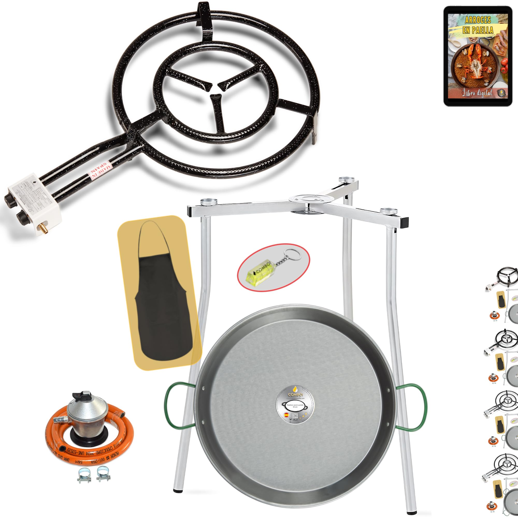 COMBOI Padella paella per gas butano 50 cm, padella paella 60 cm, regolatore del gas, tubo, gambe treppiede, livella, grembiule, ricettario digitale (kit 500 + gambe treppiede)