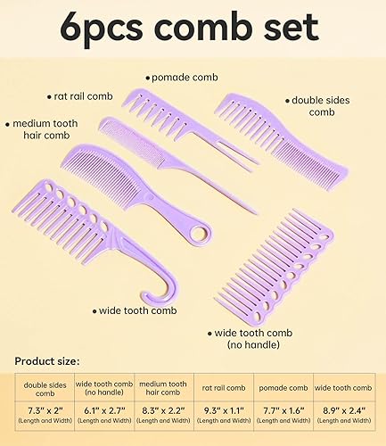 Miniatura 7 de Juego de 6 peines profesionales para el cabello para mujeres y hombres, cola de rata, peines de dientes anchos y finos para cabello rizado