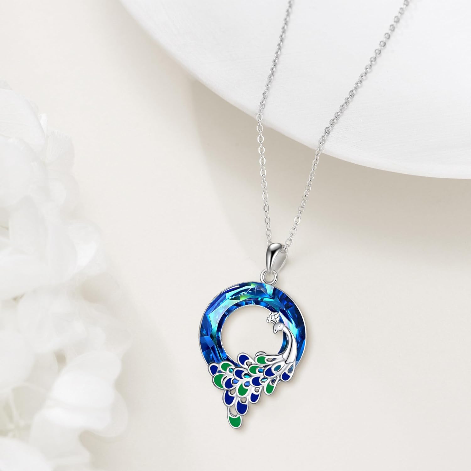 ONEFINITY Peacock Necklace 925 Sterling Silver Peacock Feather Crystal Pendant Necklace Bird Animal Teal Jewelry Mothers Gifts for Women Mom Grandma Peacock Lover - Image 5