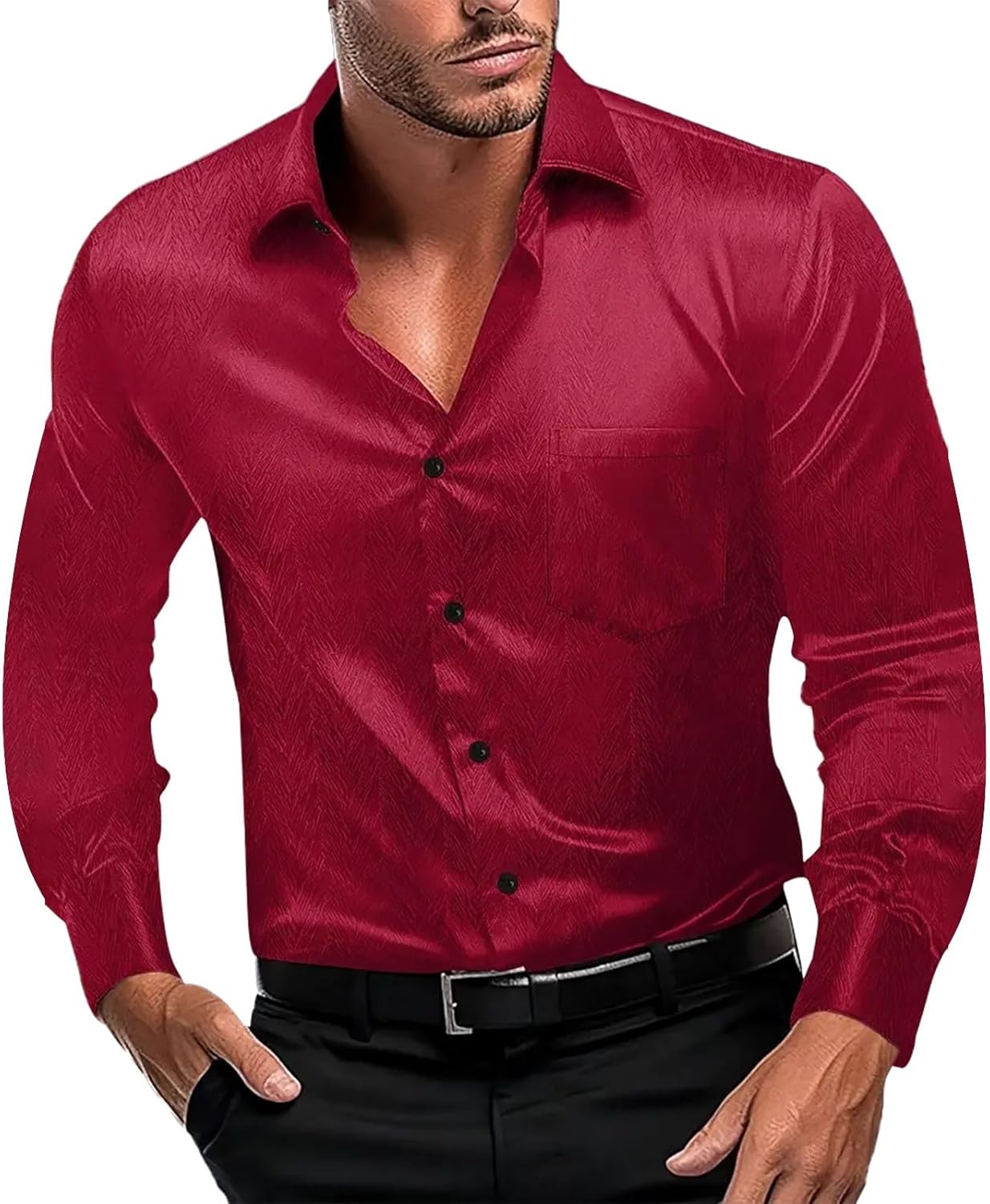 Camicia Uomo Maniche Lunghe In Tessuto Lucido Effetto Seta - Moda Casual Con Polsini Elastici