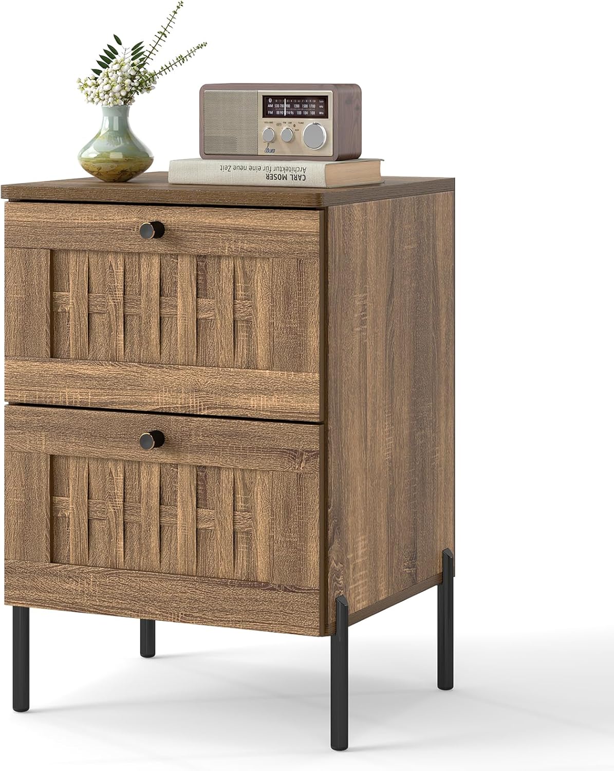 KOMFOTT Wooden Nightstand with 2 Drawers, Farmhouse Woven Pattern Bedside Table with Storage, Side Table with Drawers & Metal Support Legs for Bedroom (1, Rustic Oak)