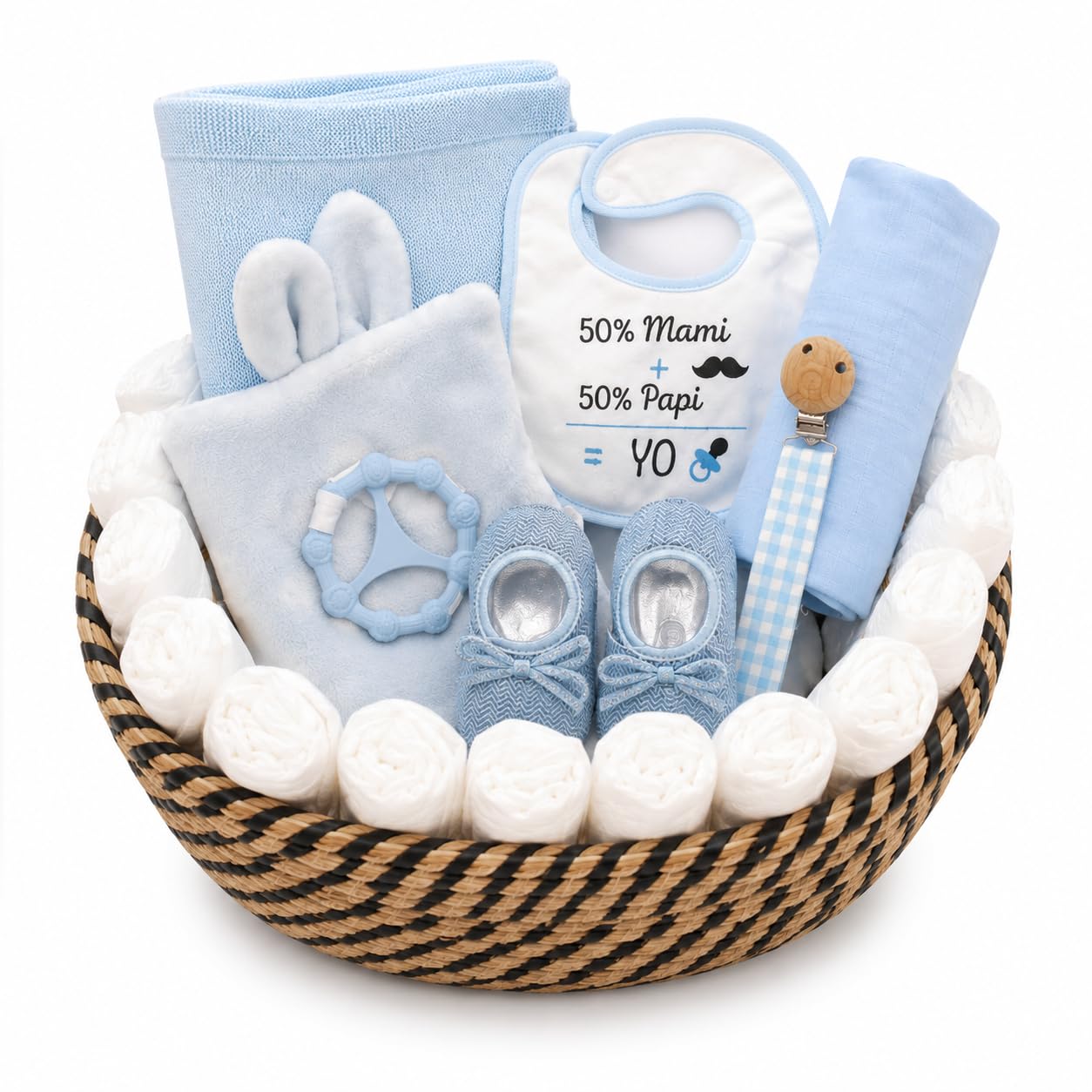 Manta bebe personalizada con babero y dou dou | Set de manta coralina,babero de algodón y dou dou bordado | Suave,hipoalergénico y personalizable | Regalo ideal recién nacidos (Azul, Set pañales)